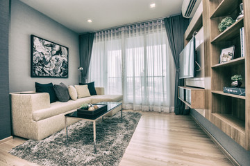 living room of a modern apartment.Vintage tone