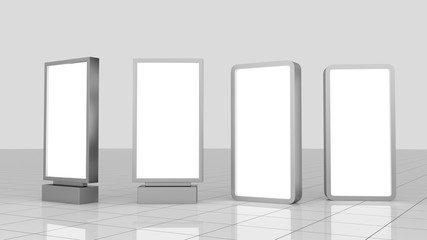 Mock up of four vertical silver light boxes, Template blank advertising for your texts message, poster 3d rendering design