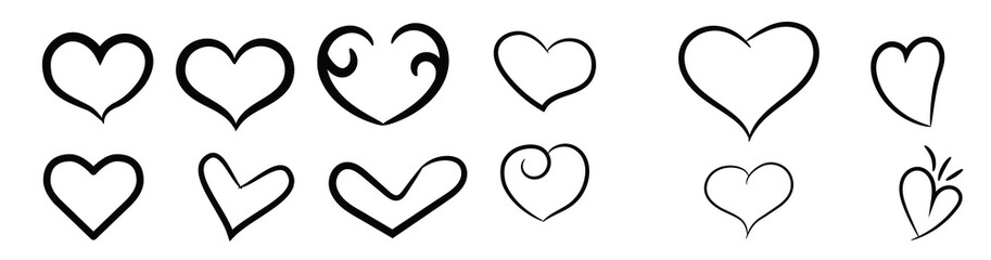Set of Hand drawn hearts. Love symbol Flat style. Design elements for Valentine's day