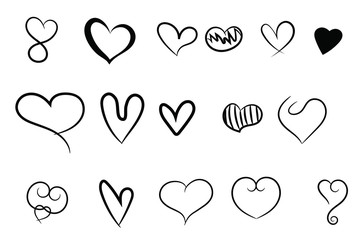 Set of Hand drawn hearts. Love symbol Flat style. Design elements for Valentine's day