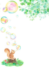 木漏れ日の中シャボン玉を吹くリス。水彩イラスト。