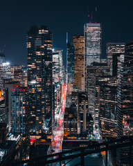 Entire futuristic city skyline view of downtown Toronto Canada. Modern buildings, urban architecture, cars travelling. construction and development in a busy city