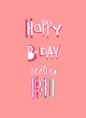 Birthday greeting card. Hand drawn lettering and candles on a delicate pink background