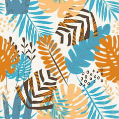 Summer tropical seamless pattern of colorful plants on a light background. Vector design. Jungle print. Floral background.