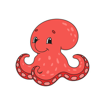 Red octopus. Cute character. Colorful vector illustration. Cartoon style. Isolated on white background. Design element. Template for your design, books, stickers, cards, posters, clothes.