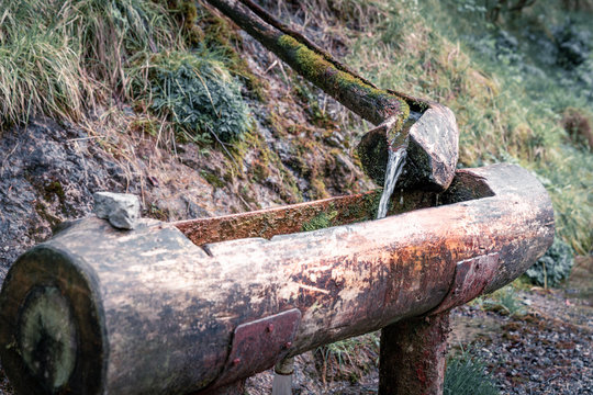 Natural raw unfiltered water flowing from wooden fountain spring at the Val Vertova torrent near Bergamo.used split toning filter.