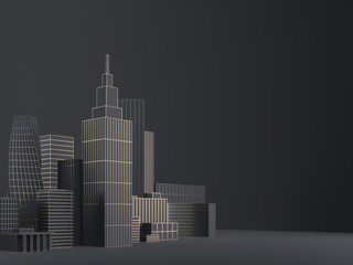 Modern City skyline, city silhouette, 3d illustration in black and gold design. Copy space and black matte background.