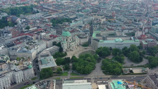 Aerial view of cityscape of Vienna, historic center of city, Karlskirche Cathedral (baroque style) - landscape panorama of Austria from above, Europe