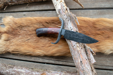 A Damascus bowie knife displayed on cedar branch and red fox hide. The handle is made of pretty...