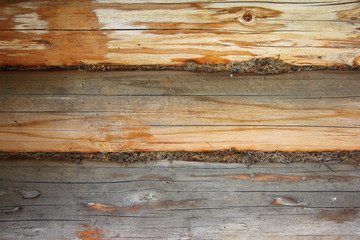The wall of an old log house - horizontal old wood texture background