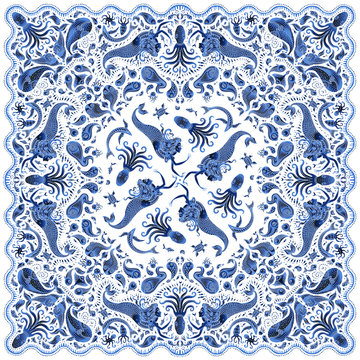 Fantasy dark indigo blue mermaid kerchief print on a white background. Paisley pattern, hand drawn fish, fantasy sea animals, ornate cute octopus. Bandana design, scarf, tee shirt print