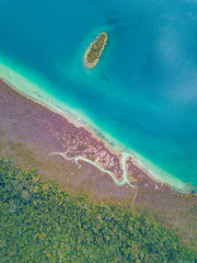 Aerial view of the turquoise Lagoon of Lacanja in the middle of the jungle of Chiapas in Mexico