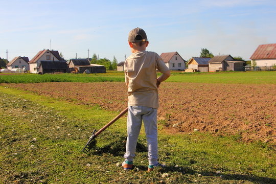 Young european farmer, the little boy in a cap rakes to rake the mown grass on a country yard on Sunny summer day - leisure on nature