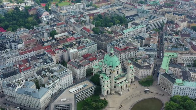 Aerial view of cityscape of Vienna, historic center of city, Karlskirche Cathedral (baroque style) - landscape panorama of Austria from above, Europe