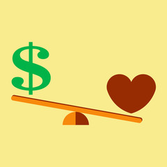 Money weights over the heart. Scales between love and money. The concept of greed, gain, money is more important than love. Vector illustration isolated on light background.