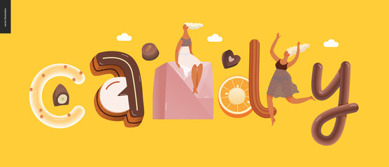 Dessert lettering - Candy - modern flat vector concept digital illustration of temptation font, sweet lettering and girls. Caramel, toffee, biscuit, waffle, cookie, cream and chocolate letters