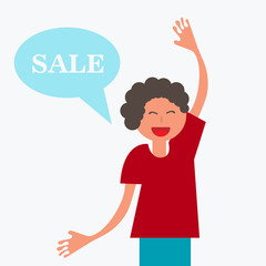 Vector thinking cloud with sale in flat style. Man with the clouds of thoughts