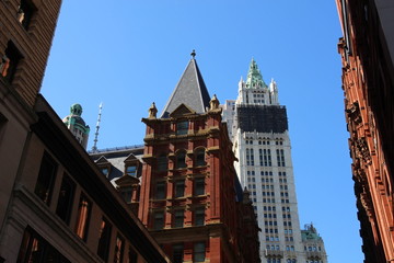 Skyscrapers tops and blue sky of New York