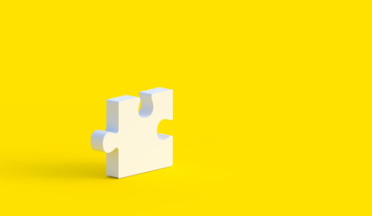 Unfinished one white jigsaw puzzle on yellow background with copy space. Business strategy teamwork and problem solving concept. Orthogonal view. Minimal creative concept. 3d rendering illustration