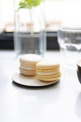 In summer cafe on window tree ficus. Near a bottle of fresh cold water with mint leaves. In a cup of hot cappuccino coffee and on a saucer sweet dessert macarons of light yellow color of pastel tones.