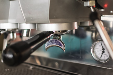 Close-up photo of espresso machine. Interior of a restaurant