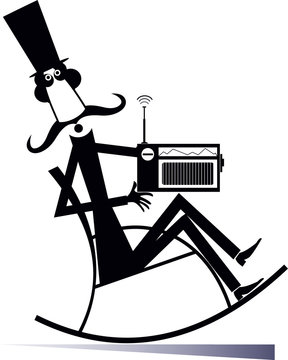 recommend clip art: Long mustache man in the top hat sits in the rocking chair and listens a radio black on white