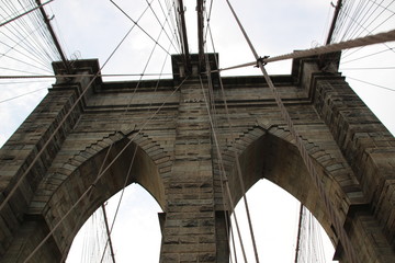 Brooklyn bridge main arch view under cloudy sky