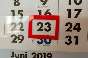 Calendar with the framed number 23 and the text Europe Day