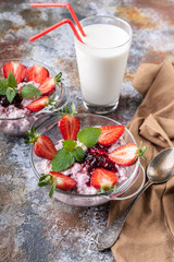 Great breakfast. Milk, curd, jam, yogurt with fresh strawberries and mint leaves