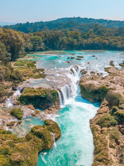 Aerial view of the turquoise waterfalls at Las Nubes in Chiapas, Mexico