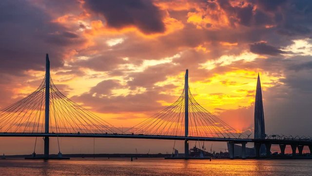 Time-lapse shooting Cable-stayed bridge to St. Petersburg, Lakhta Center, Gazprom skyscraper