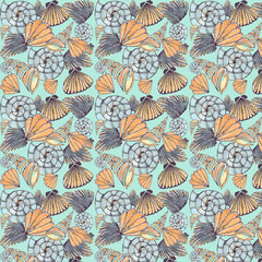 Fototapeta na wymiar Bright marine pattern of seashells and starfish - the inhabitants of the underwater world from watercolor hand-painted elements