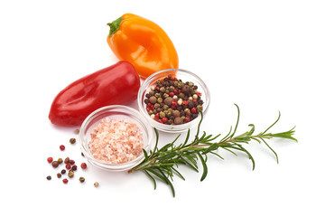Colorful Mini Bell Peppers with spices, top view, isolated on white background