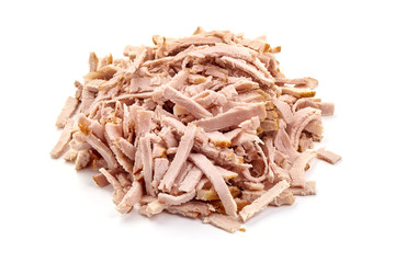 Smoked ham slices, boiled meat, close-up, isolated on white background