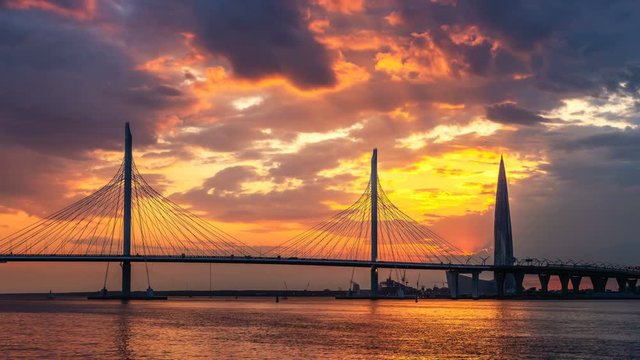 Time-lapse shooting Cable-stayed bridge to St. Petersburg, Lakhta Center, Gazprom skyscraper
