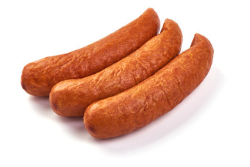 German traditional smoked sausages, dry meat, close-up, isolated on white background