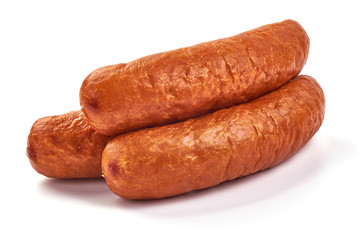 Smoked pork sausages, dry meat, close-up, isolated on white background
