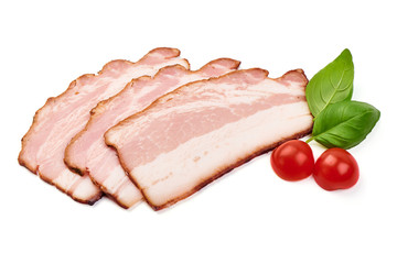 Sliced smoked brisket, dry meat, close-up, isolated on white background