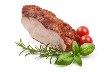 Baked pork roast, fried spicy galzed meat, close-up, isolated on white background