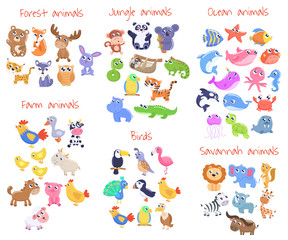Big set of cute cartoon animals. Ocean, jungle, farm, forest, savannah animals, birds. Vector flat illustration.