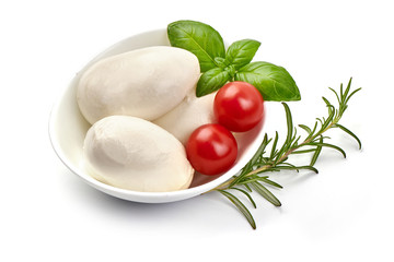 Bowl of traditional Italian mozzarella balls, top view, isolated on white background
