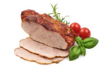 Baked pork roast, fried spicy galzed meat, close-up, isolated on white background