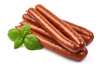 Grilled Pork Sausages with basil leaves, close-up, isolated on white background