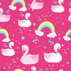 Seamless pink cute swan animal pattern vector