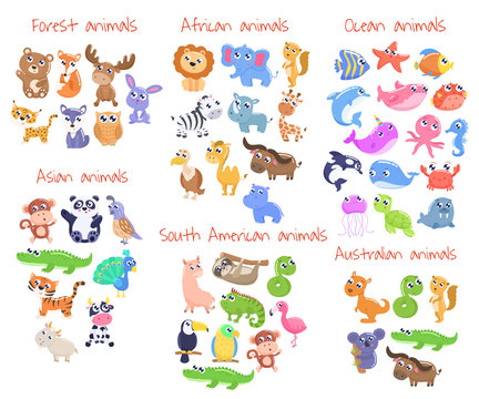Big set of cute cartoon animals. Forest, ocean, australian, asian, south american, african animals. vector flat illustration.
