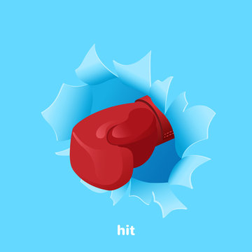isometric vector image on a blue background, a red boxing glove punches a piece of paper