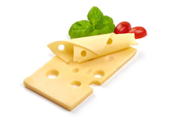 Maasdam cheese slices, close-up, isolated on white background