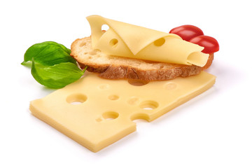 Sandwich with maasdam cheese slices, close-up, isolated on white background
