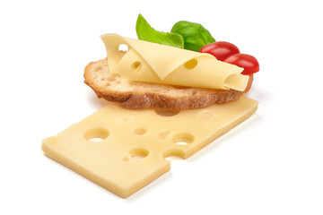 Sandwich with sliced Swiss Cheese, close-up, isolated on white background