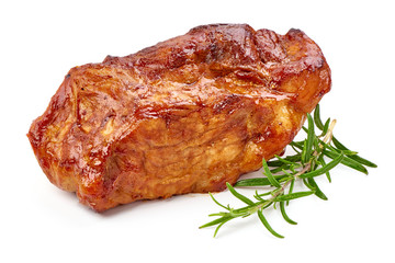 Baked pork roast, spicy meat, close-up, isolated on white background